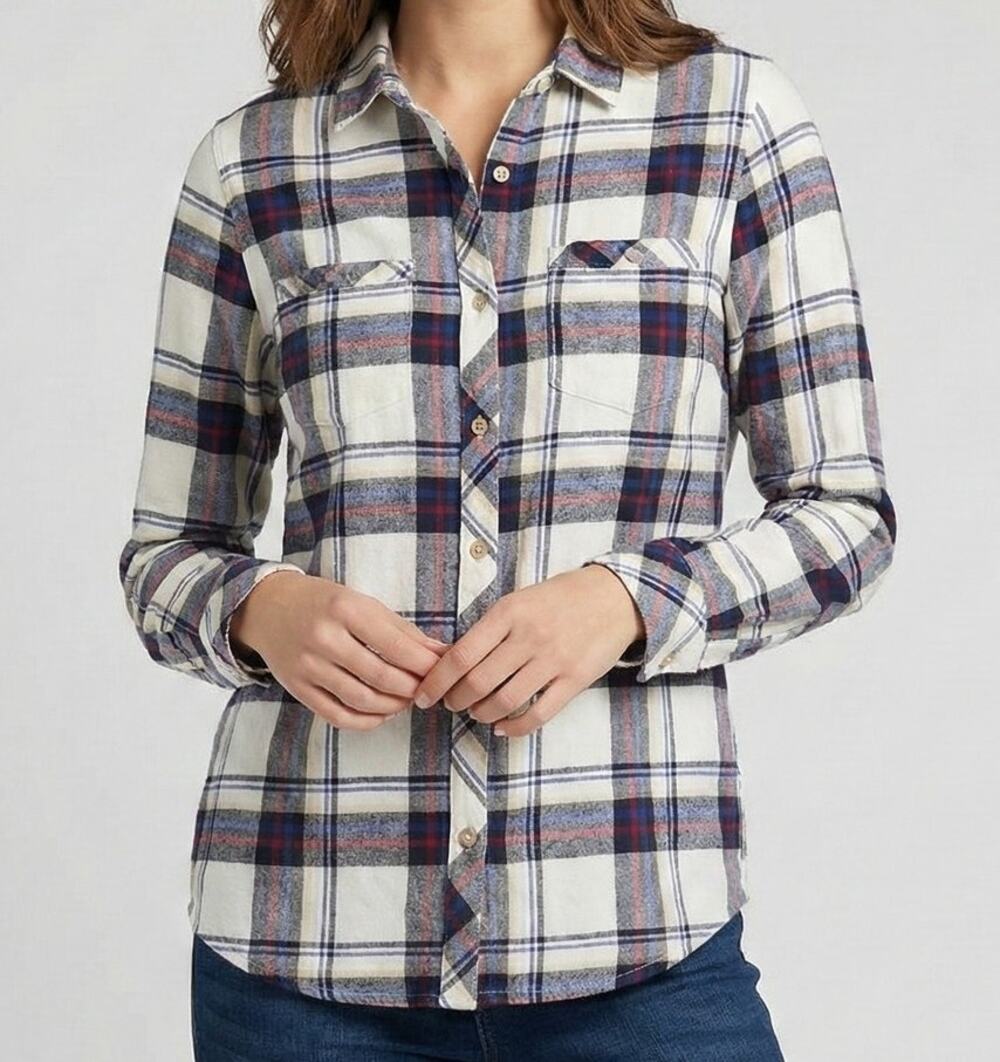 Falls Creek Small Plaid Button Front Shirt 100% Cotton White Blue Red Black